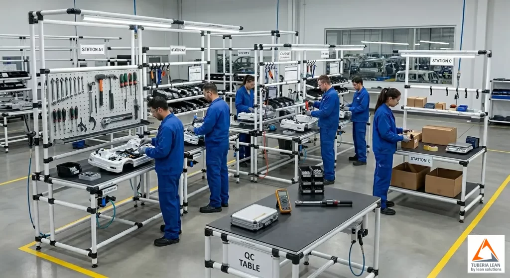 Mesas de trabajo lean en tubería 28mm — estaciones de ensamble industrial Colombia