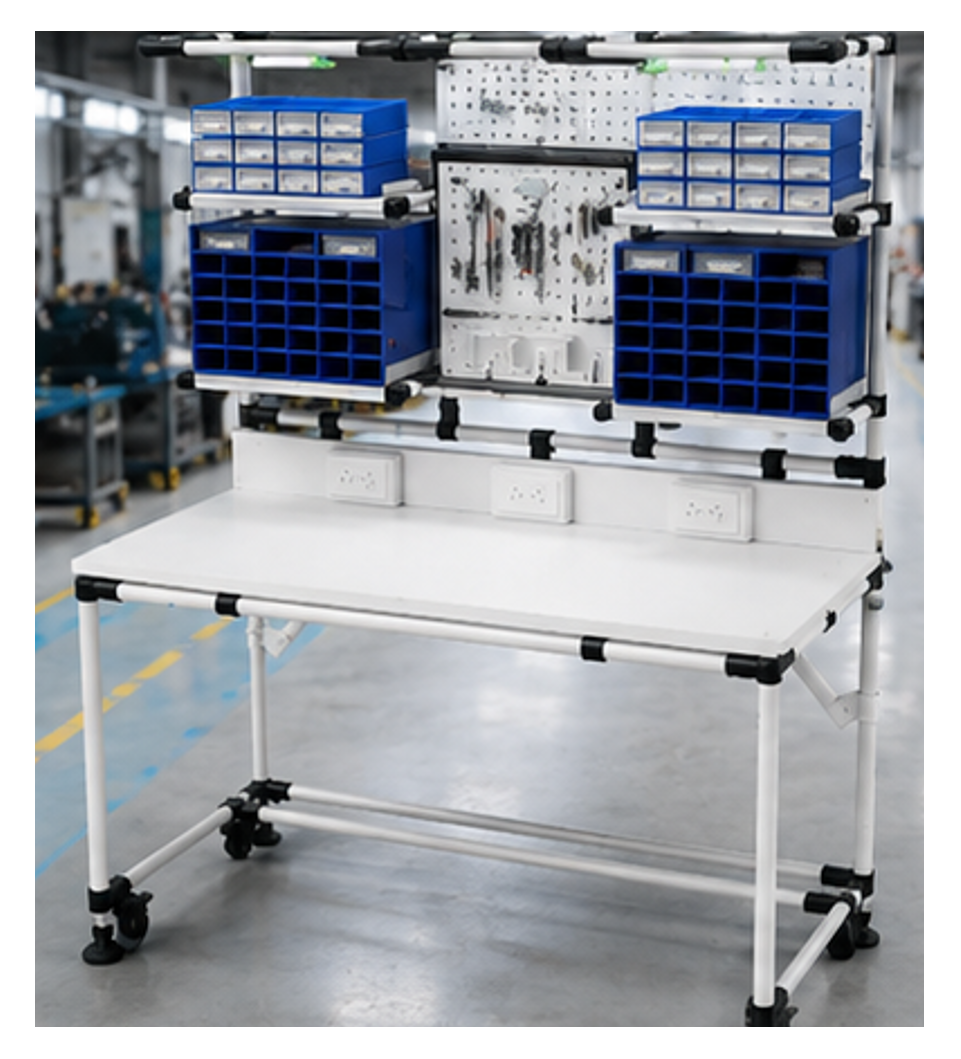 Mesa de trabajo industrial modular fabricada con sistema de tubería Lean 28 mm para estaciones de ensamble y manufactura.