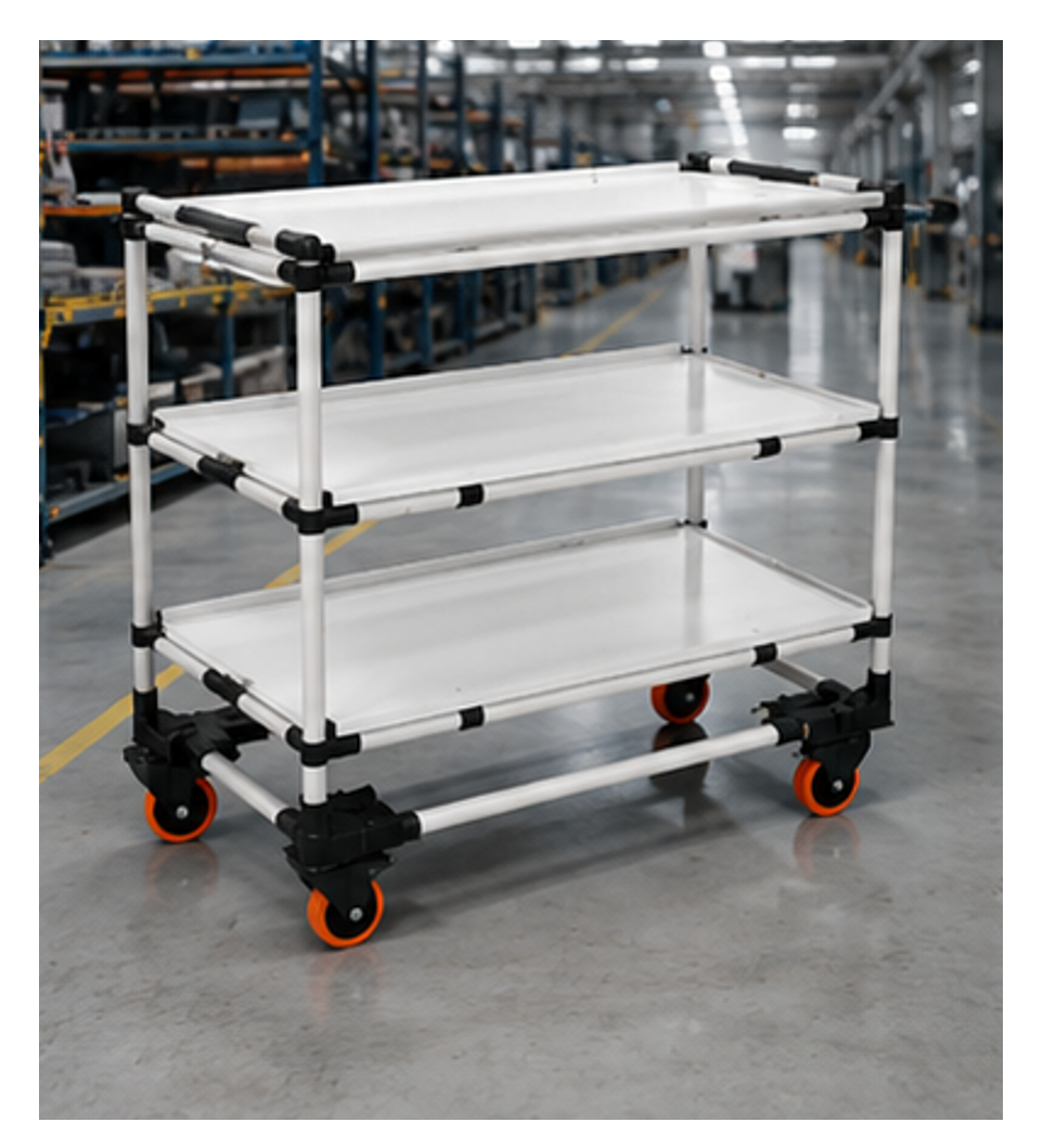 Carro industrial modular tipo Milk Run fabricado con tubería Lean 28 mm para transporte interno de materiales.
