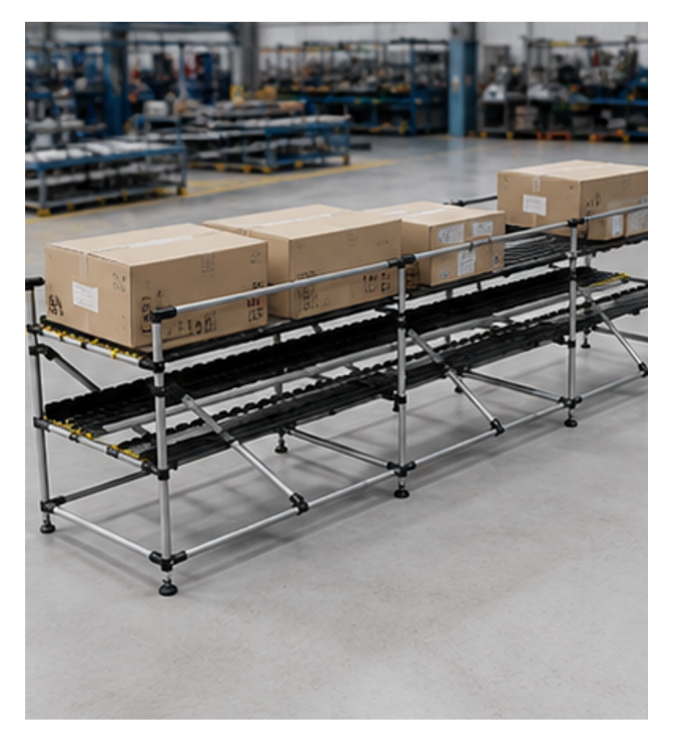 Rack de flujo FIFO fabricado con tubería Lean 28 mm para almacenamiento dinámico y rotación de materiales.
