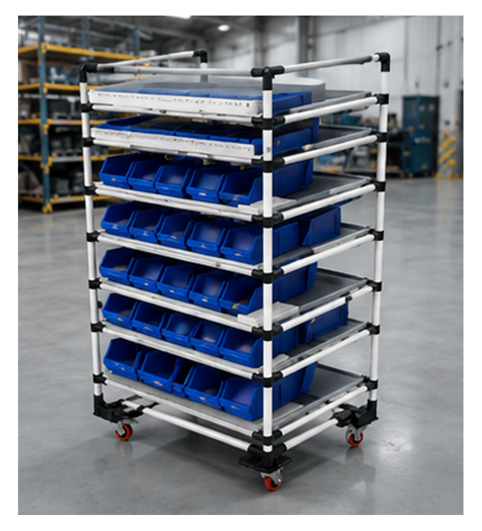Estantería modular de picking fabricada con tubería Lean 28 mm para preparación de pedidos y logística interna.