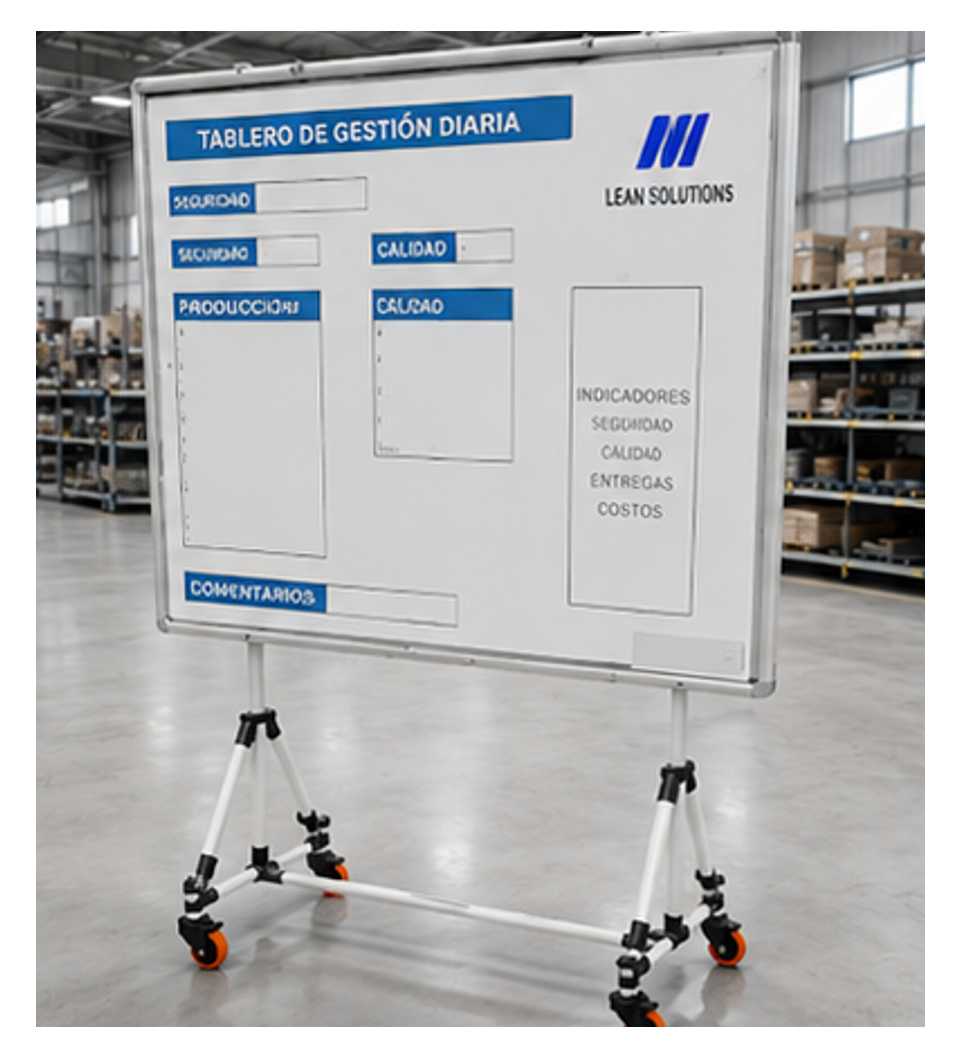 Tablero de gestión visual 5S modular fabricado con tubería Lean 28 mm para control de indicadores industriales.