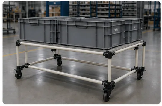 Estructura modular de tubería Lean 28 mm soportando contenedores industriales para logística y manufactura.