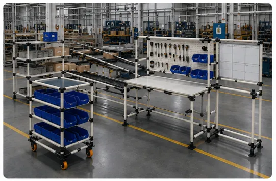 Celda de manufactura Lean con Flow Rack, estación de trabajo y carro modular fabricados con tubería Lean 28 mm.