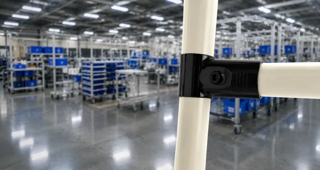 Conector H metálico instalado sobre tubería Lean 28 mm para estructuras modulares industriales en un entorno de manufactura.