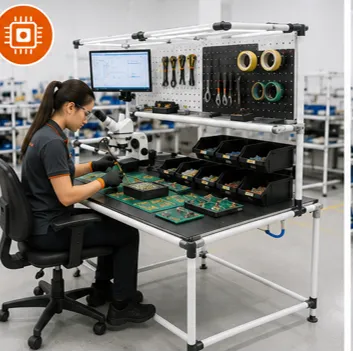 Mesa de trabajo industrial para ensamble de equipos eléctricos y electrónicos con tablero de herramientas, organización 5S y estructura metálica fabricada con Sistema de Tubería Lean.