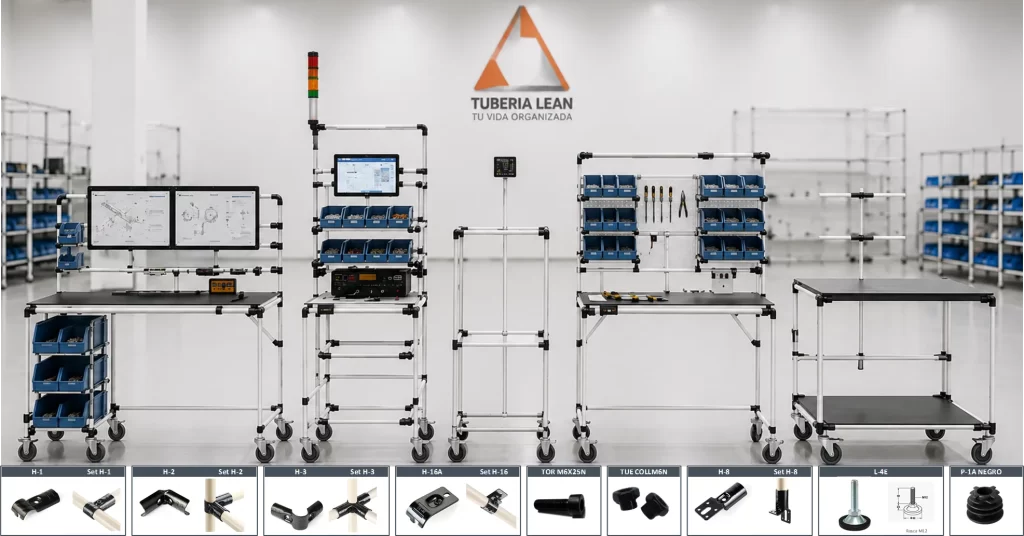 Galería de mesas de trabajo industriales, estaciones de ensamble, carros modulares y soluciones Lean Manufacturing fabricadas con Sistema de Tubería Lean de acero y conectores metálicos para aplicaciones industriales.