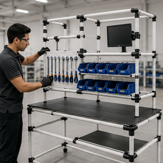 Estación de trabajo industrial modular con tablero de herramientas, contenedores y accesorios reconfigurables fabricada con Sistema de Tubería Lean de acero.