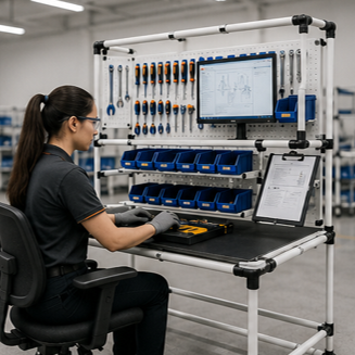 Operaria utilizando una mesa de trabajo industrial ergonómica con tablero de herramientas, monitor y organización Lean para mejorar la productividad y reducir movimientos innecesarios.