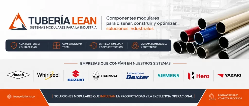 Banda corporativa de Tubería Lean con logotipos de Haceb, Whirlpool, Suzuki, Renault, Laboratorios Baxter, Siemens, Hero y Yazaki, empresas que han confiado en nuestras soluciones modulares para la industria.
