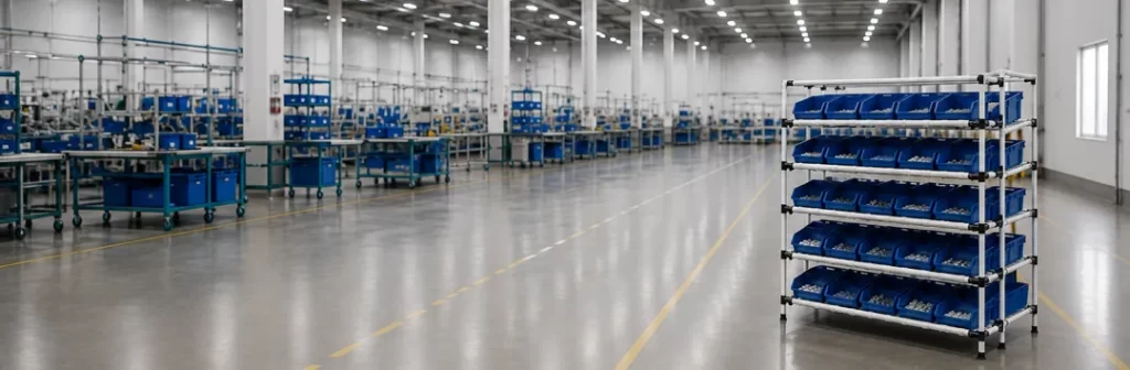 Estantería FIFO fabricada con Sistema de Tubería Lean de 28 mm y contenedores plásticos industriales para optimizar el flujo de materiales, la rotación de inventario y el abastecimiento de líneas de producción mediante el método First In First Out.