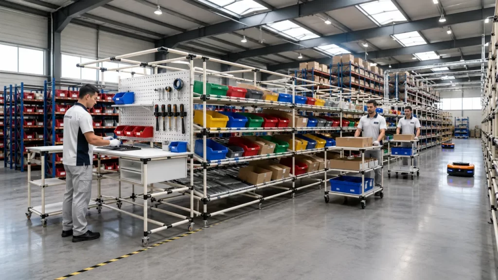 Sistema de Tubería Lean 28 mm con Flow Rack, mesas de trabajo y carros industriales en una planta de manufactura en Colombia.