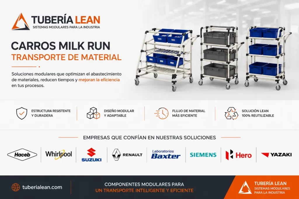 Carros Milk Run fabricados con Sistema de Tubería Lean para transporte de material en líneas de producción, junto a los logotipos de Haceb, Whirlpool, Suzuki, Renault, Laboratorios Baxter, Siemens, Hero y Yazaki como empresas que confían en nuestras soluciones industriales.