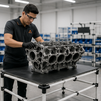 Mesa de trabajo industrial fabricada con Sistema de Tubería Lean de acero y conectores metálicos de alta resistencia, diseñada para soportar aplicaciones industriales exigentes.