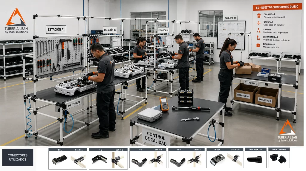 Área de producción con mesas de trabajo industriales y estaciones de ensamble Lean fabricadas con Sistema de Tubería Lean 28 mm, conectores metálicos negros, tableros Shadow Board, organización 5S y operadores realizando procesos de manufactura en un entorno industrial ordenado y eficiente.
