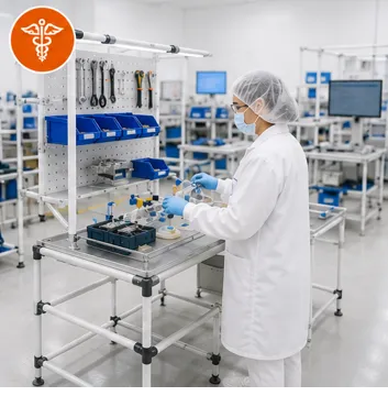 Mesa de trabajo industrial utilizada en laboratorios biomédicos y procesos de fabricación de dispositivos médicos con estructura metálica fabricada mediante Sistema de Tubería Lean.