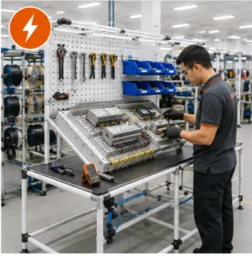 Mesa de trabajo industrial para ensamble de equipos eléctricos y electrónicos con tablero de herramientas, organización 5S y estructura metálica fabricada con Sistema de Tubería Lean.