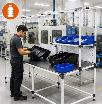 Mesa de trabajo industrial modular utilizada en procesos de fabricación, inspección y ensamble de piezas plásticas mediante Sistema de Tubería Lean de acero.