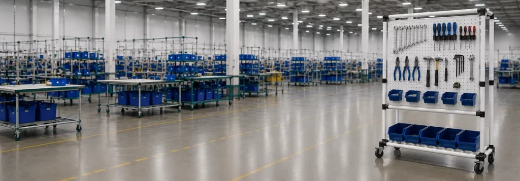 Tablero de herramientas industrial fabricado con Sistema de Tubería Lean de 28 mm para la organización visual de herramientas, accesorios y consumibles en estaciones de trabajo Lean Manufacturing.